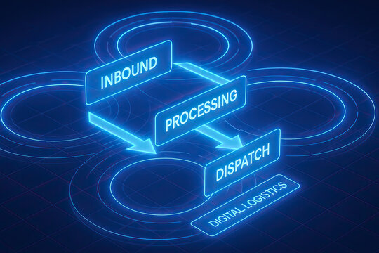 Inventory supply chain management inbound processing dispatch digital logistics neon flow diagram showing stages of warehouse workflow and automated distribution network with blue glow