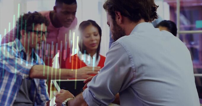 Bearded man placing tablet during business meeting causing animated data bars guiding team review