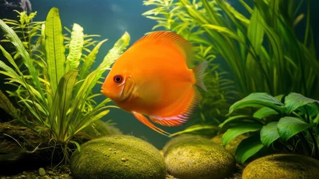Orange fish swims in a lush green aquarium with mossy rocks and gravel