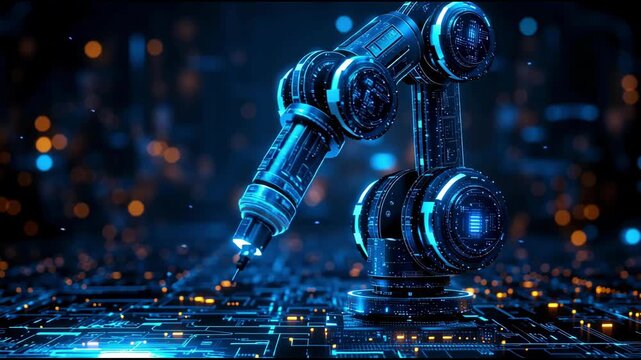 A robotic arm working against a digital board. High technology and automation in a digital environment.	
