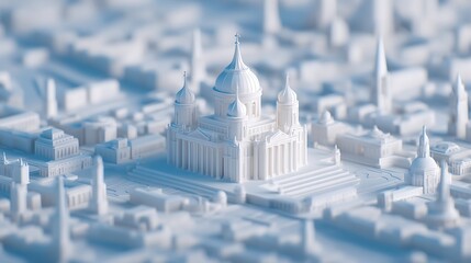 A detailed white architectural model showcases intricate designs, highlighting a grand structure surrounded by smaller buildings in a serene landscape.
