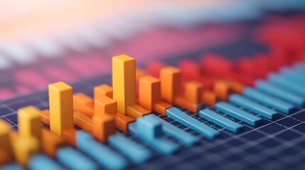 A colorful bar graph representing data trends, showcasing various heights and colors on a grid background.
