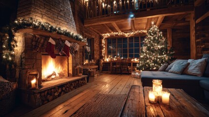 Cozy wooden cabin with Christmas tree and glowing fireplace
