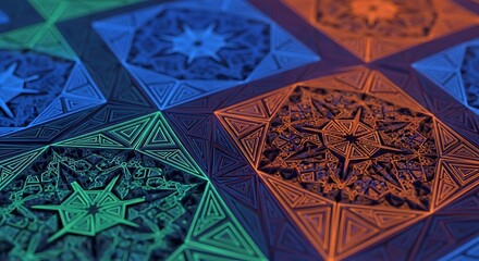 A macro photograph of a surface with intricate, glowing geometric patterns in vibrant blue, green, and orange.