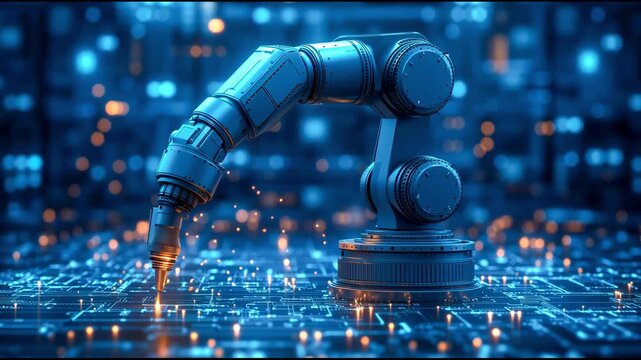 A robotic arm working against a digital board. High technology and automation in a digital environment.