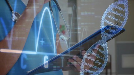 Male doctor bringing pen to pad, writing patient data using DNA helix wave graph guiding diagnosis - Powered by Adobe