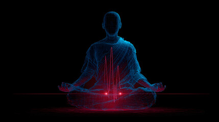 Meditating figure with glowing energy streams, representing inner peace, mindfulness, and spiritual connection in a digital, futuristic style