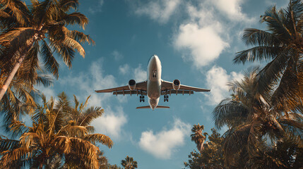 Airplane flying over palm trees against a blue sky with white clouds, symbolizing travel, vacation, and tropical destinations for tourism