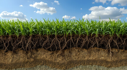 Cross section of healthy green grass with visible roots in rich soil under a blue sky with clouds