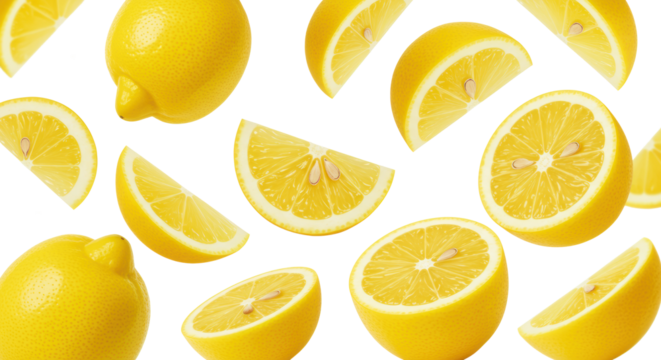 Vibrant yellow lemons (whole, halves, slices) with glistening pulp dynamically falling on a seamless transparent background with copy space, concept for beverage advertising.