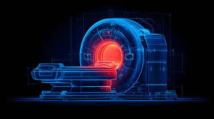 Futuristic mri scanner illustration with glowing blue lines and red highlights, showcasing advanced medical technology for diagnostic imaging and healthcare