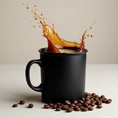 Black coffee mug mockup with coffee beans and coffee splash
