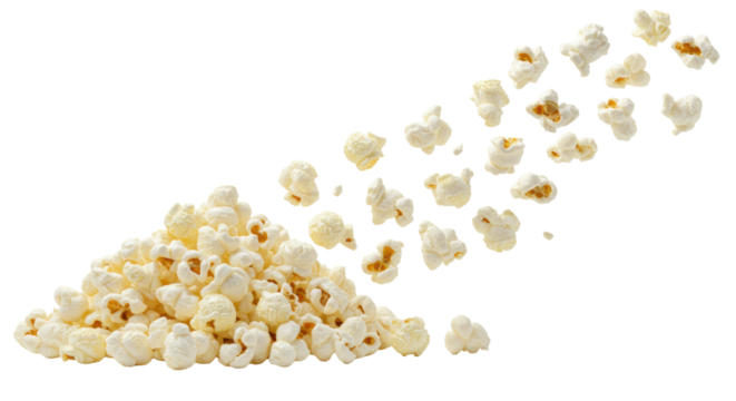 Freshly popped white popcorn kernels, fluffy pile bottom left, individual pieces floating dynamically right, on a bright white studio background, concept of fresh, lighthearted entertainment