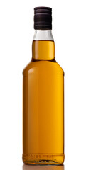 Bottle of whiskey, isolated on a white background on a reflective surface.