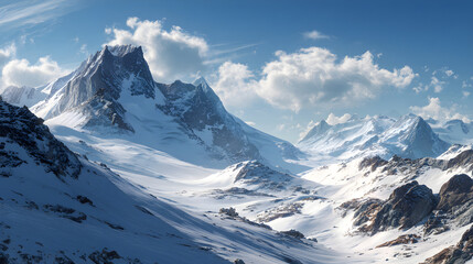 Snowy mountain range under blue sky with clouds, winter landscape, scenic view, mountain peak, snowcovered, nature, travel, adventure, outdoors, cold