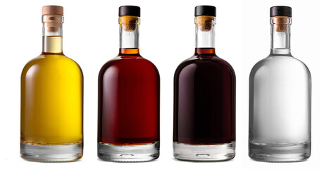 Set of a glass bottle with different color liquids. Isolated on a white background. Alcohol drinks: gin, vodka, brandy, rum, liqueur, whisky.