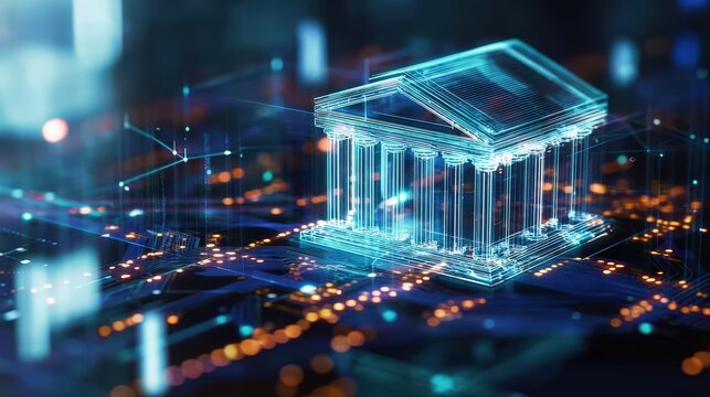 Futuristic virtual bank building. Digital architecture of the modern financial system