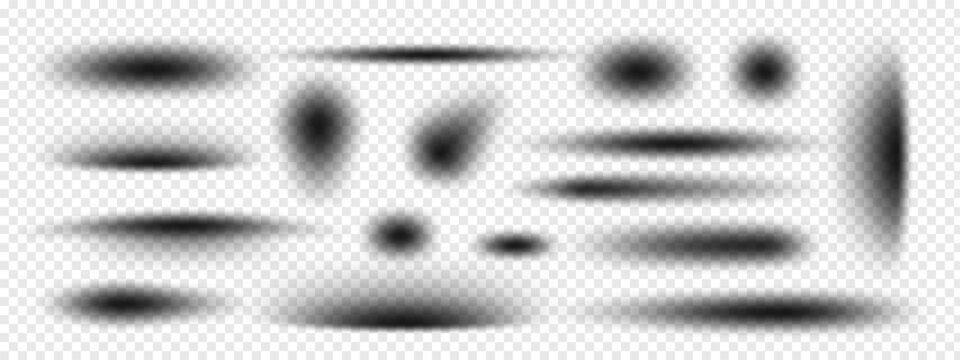 Set of realistic shadow effects. Collection with different oval, round, and linear shadows, isolated on a transparent background
