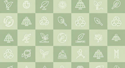 Seamless pattern of diverse outline icons depicting environmental sustainability, renewable energy, and ecological conservation, promoting global awareness for a greener future