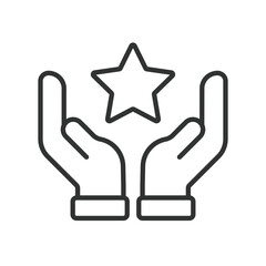 Obraz premium Hands holding star icon in line design. success, achievement, quality, rating, award, excellence, recognition on white background vector. Hands holding star editable stroke icon - AI generated