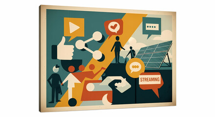 Retro-styled illustration depicting the dynamic interplay of social media communication, sustainable energy, and digital technology, fostering global connectivity and environmental awareness