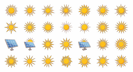 Vibrant Collection of Sun and Solar Energy Icons for Sustainable Technology and Renewable Power Projects. A Diverse Set of Graphic Elements Representing Brightness, Warmth, and Eco-Friendly