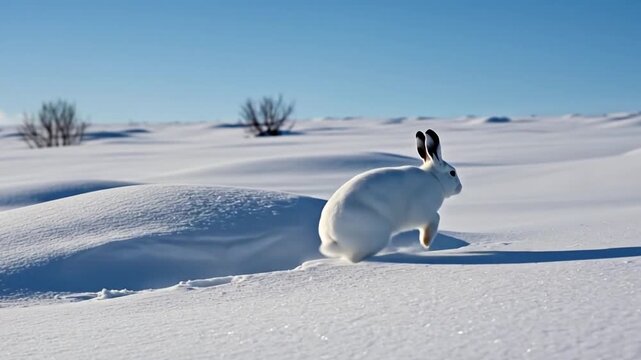 Arctic hare sprints across vast snowy expanse under bright winter sun