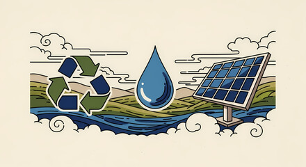Embracing sustainable practices for a greener planet, this illustration features a recycling symbol, fresh water, and a solar panel, representing renewable energy and environmental conservation
