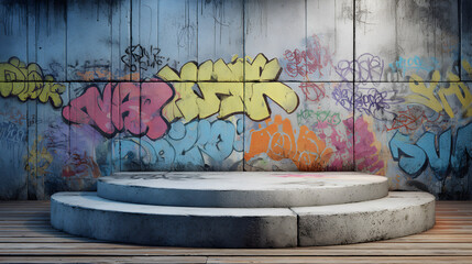Urban showcase concrete podium against a graffiticovered wall, perfect for product displays and artistic presentations, creating a raw and edgy atmosphere