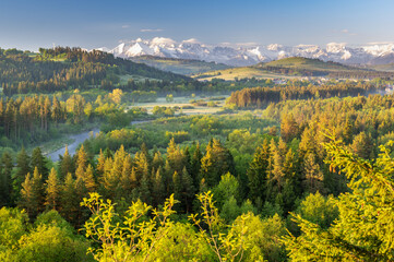 spring mountain panorama over Bialka river gorge and Spisz highland to snowy Tatra mountains, Poland