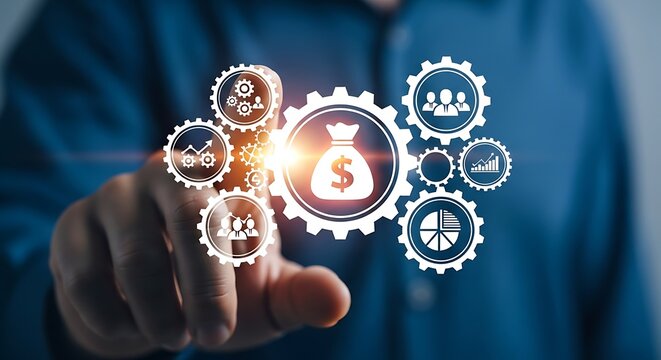 Finger touching a digital interface of gears, money bag and business icons finance