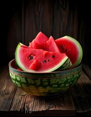Watermelon Slices in a Bowl on Wooden Table.