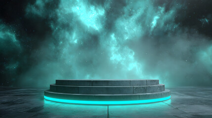 A captivating turquoise podium illuminated by neon lights, creating a mesmerizing ambiance perfect for showcasing products or adding a futuristic touch