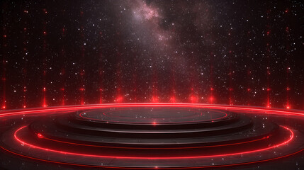 A captivating red podium illuminated by neon lights, creating a mesmerizing ambiance perfect for showcasing products or adding a futuristic touch