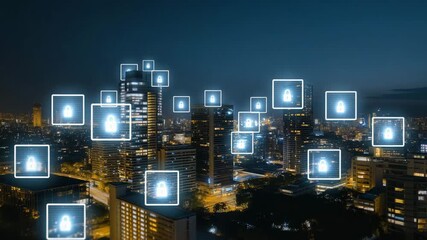 Futuristic city skyline with glowing network grids and holographic locks hovering above buildings, symbolizing online security concept, secure digital infrastructure, urban cybersecurity, and - Powered by Adobe