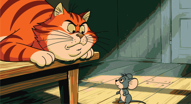 An angry cat facing a tiny mouse on a wooden table, cartoon style, animated characters