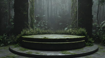 An enchanting forest setting with a mosscovered stone podium, surrounded by lush greenery and towering trees, creating a mystical and serene atmosphere