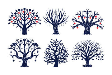 Stylized Tree Collection: A collection of six unique and artistic tree illustrations, each with distinctive shapes and adornments, offering a versatile range for design projects.