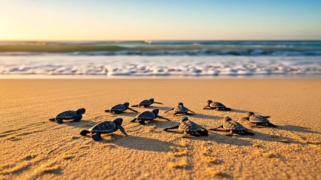 Baby sea turtles hatch and scurry towards the ocean waves on a sandy beach