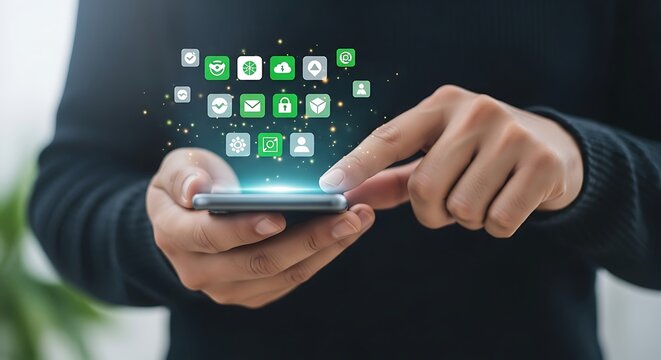 Person using smartphone with floating green app icons and digital particles mobile phone