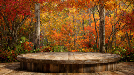 A vibrant autumn forest backdrop featuring a wooden podium, surrounded by colorful foliage and towering trees, creating a warm and inviting atmosphere