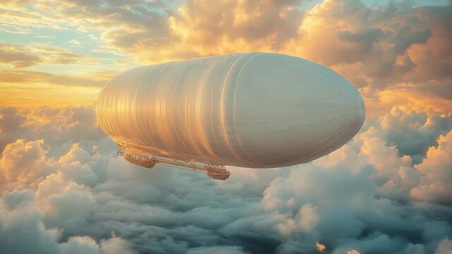 Majestic airship navigating through colorful sky clouds at sunset