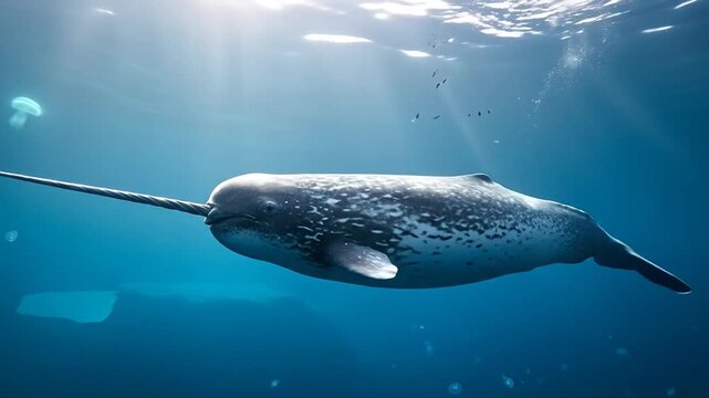 Majestic narwhal glides through deep blue sea, iconic tusk gleaming underwater