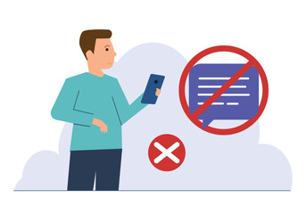 Disable comments and online content control. Man turning off comments on a post to prevent harassment or spam