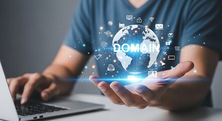 Person holding a glowing globe with DOMAIN text and digital network connections
