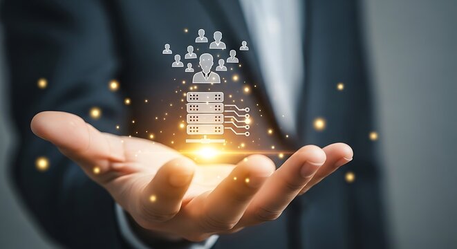 Hand holding a glowing server stack icon with people icons above it image photo