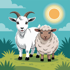 A friendly goat and a fluffy sheep stand together in a sunny meadow.