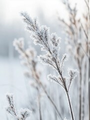 Frost-covered branches in a calm winter landscape. Ice crystals coat dry grasses under soft diffused light, creating a serene, poetic, and minimalist scene in cool neutral tones.
