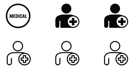  Medical person icons set – silhouette and outline avatars with healthcare cross symbol, representing health services, care, and identity