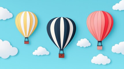 Fototapeta premium Colorful hot air balloons float against a bright blue sky dotted with fluffy clouds, creating a whimsical and cheerful scene.